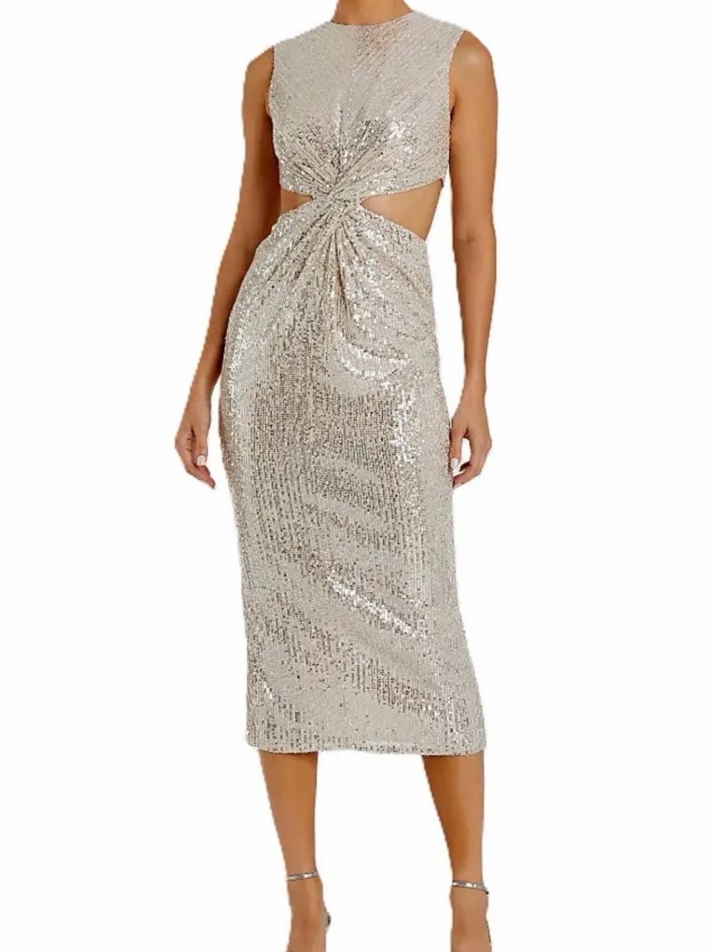 NWTs Ieena Mac Duggal Gold/ Nude Sequin Twist Cutout Formal Prom Dress